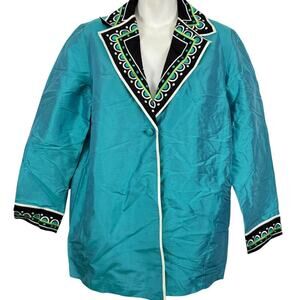 Bob Mackie Wearable Art Womens 100% Silk Embroidered Teal Blazer Jacket sz S